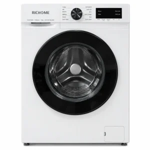 Richome 10kg 1200 RPM Inverter Washing Machine in white with a black door, front view showcasing control panel and glass w...