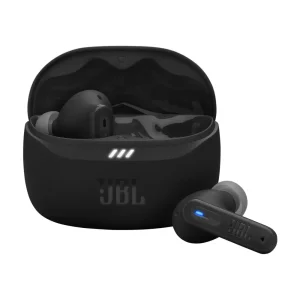 JBL Tune 255NC True Wireless Noise Cancelling Earbuds in black, displayed in charging case with LED indicators.