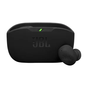 JBL Wave Buds 2 True Wireless Noise Cancelling Earbuds in black, with charging case and green LED light.