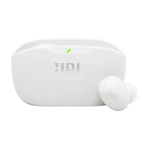 JBL Wave Buds 2 True Wireless Noise Cancelling Earbuds in white with charging case, featuring logo and green LED indicator.