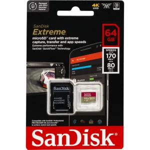 SanDisk Micro SD Card 64GB Class 10 UHS-I U3 A2 with adapter in packaging on a black background.