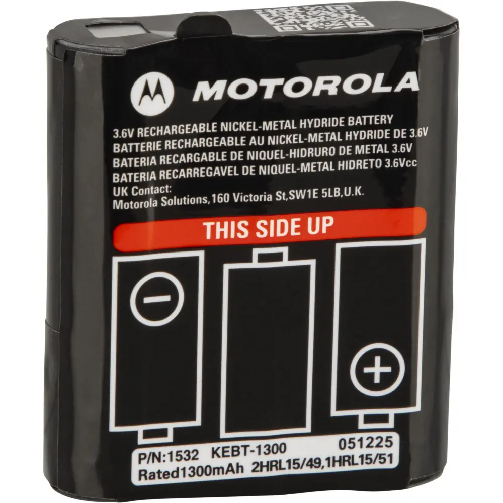Motorola 1300 mAh NiMH Rechargeable Battery AA - 1532 in black packaging with white text, showing battery details and orie...