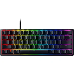 Razer Huntsman Mini 60% Gaming Keyboard with rainbow RGB backlighting on a black surface.