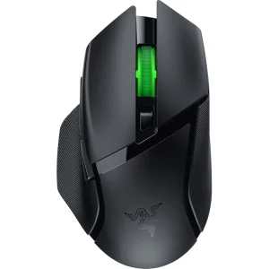 Razer Basilisk V3 X HyperSpeed Wireless Gaming Mouse with green scroll wheel on a plain white background.