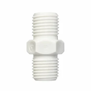 1/4" Male to 1/4" Male Thread RO Fitting Straight Connector in white, showcasing threaded ends and a hexagonal body, on a ...