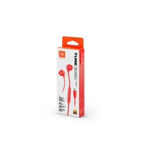 JBL Tune 305C USB-C Hi-Res Earbud Headphones in a vibrant red packaging with a sleek design on a white background.