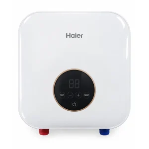 Haier 6kW Instant Electric Water Heater EI60C1 with digital display, white casing, and blue/red connectors at the bottom.