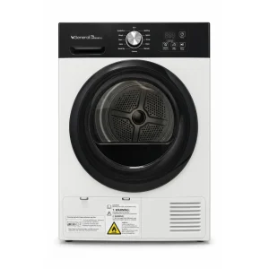 Front-facing white General 9kg Heat Pump Dryer 700W, with a black control panel, large round black door and white background.
