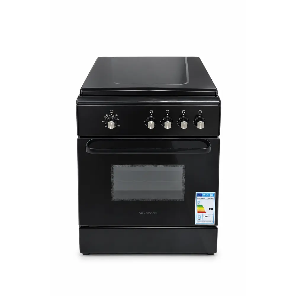 Front view of the black General 60cm Freestanding Gas Cooker 4 Burners 64L Oven FF6402MXZB, with control knobs and glass oven