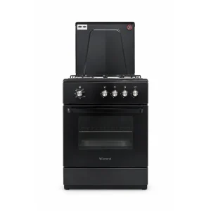 Front view of the black General 60cm Freestanding Gas Cooker FF6402MXZB, with four burner controls, glass oven door and
