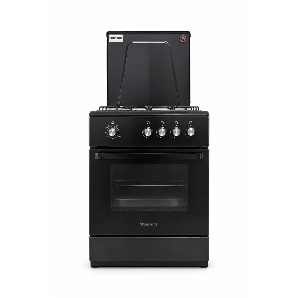 Front view of the black General 60cm Freestanding Gas Cooker FF6402MXZB, with four burner controls, glass oven door and