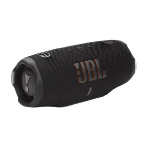JBL Charge 6 Portable Waterproof Bluetooth Speaker in black with orange logo, angled view showcasing buttons and rugged de...