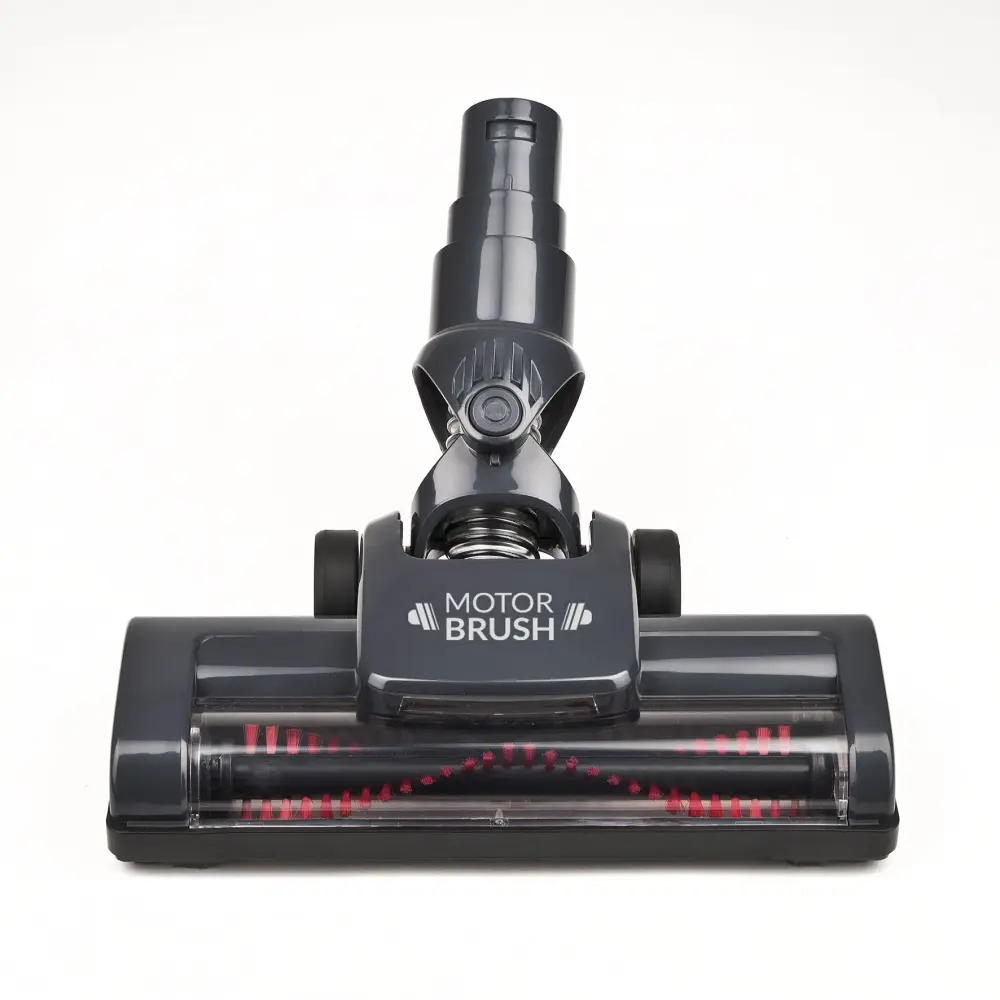 Front-facing close-up of the Girmi AP91 motorised brush head, with black housing and red roller details on a white