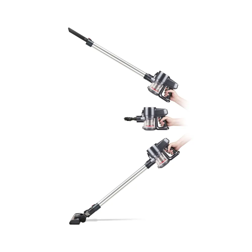 Girmi AP91 cordless vacuum shown in three angled positions, with silver tube, black motorised brush and grey-red handheld