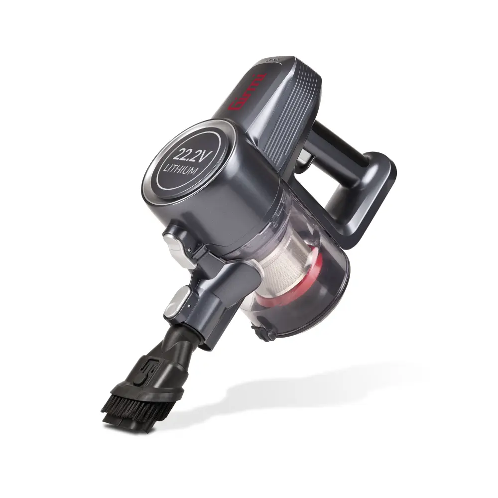 Girmi 22.2V Cordless Vacuum Cleaner AP91 shown at an angle with a black brush attachment, silver dust bin and white