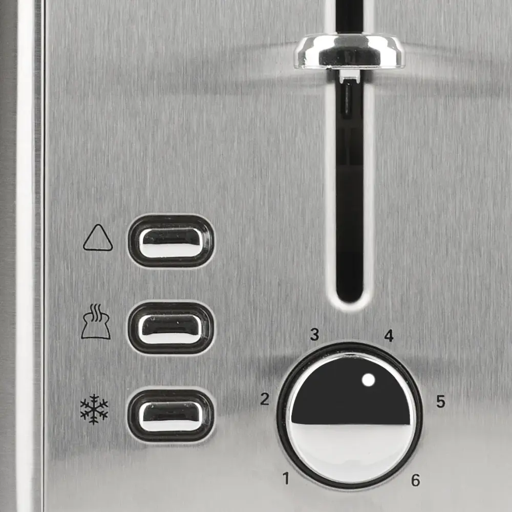 Close-up of the brushed stainless steel G3 Ferrari Tramezzo G10064 toaster controls, with three buttons and a six-setting