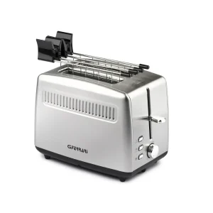 G3 Ferrari Stainless Steel Wide-Slot Toaster, shown from a front three-quarter angle on white, with chrome finish and raised
