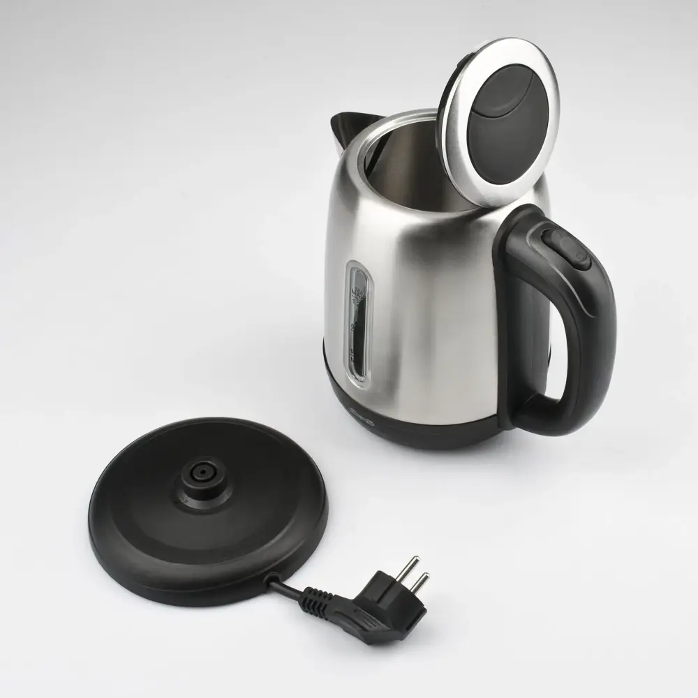 G3 Ferrari Idra G10095 stainless steel kettle with open lid, black handle, separate base and plug on a white background