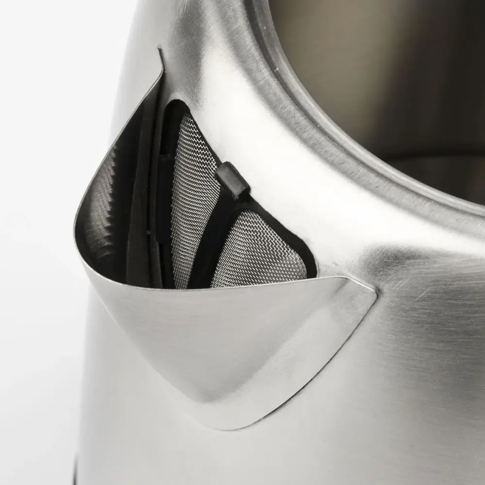 Close-up of the G3 Ferrari Idra G10095 stainless steel kettle spout and black mesh filter against a white background.