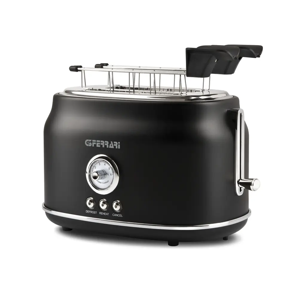 G3 Ferrari Artista black toaster with wide slots, shown from the front at an angle on a white background, with a metal