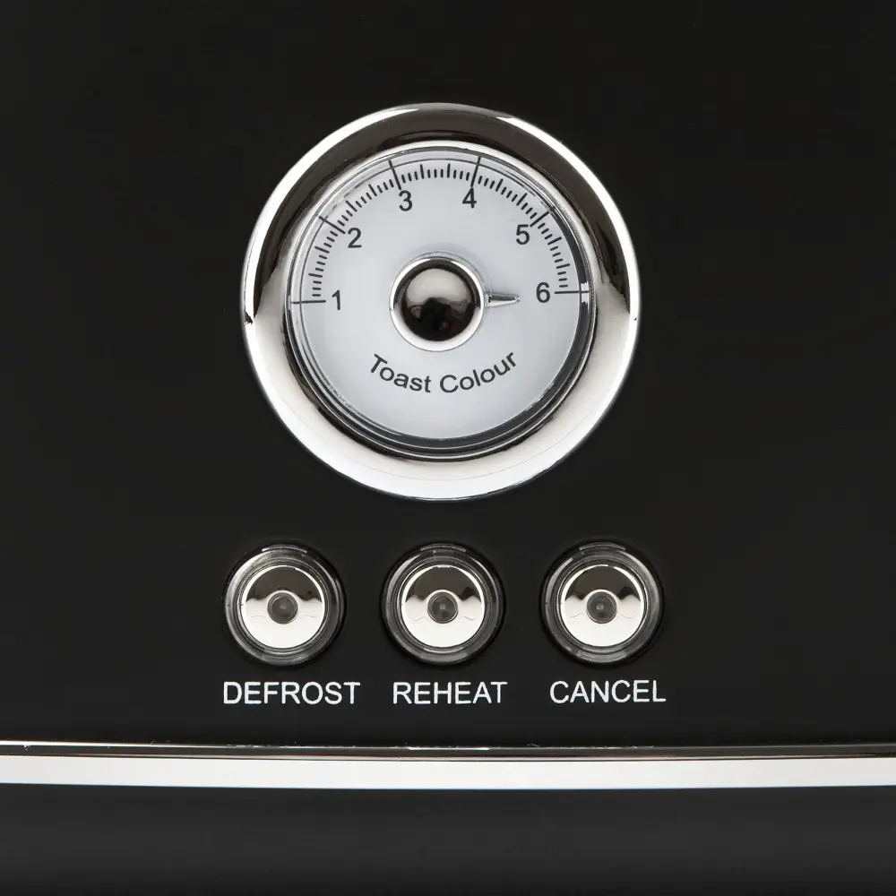 Close-up of the black G3 Ferrari Artista Toaster with chrome toast-colour dial and Defrost, Reheat and Cancel buttons.