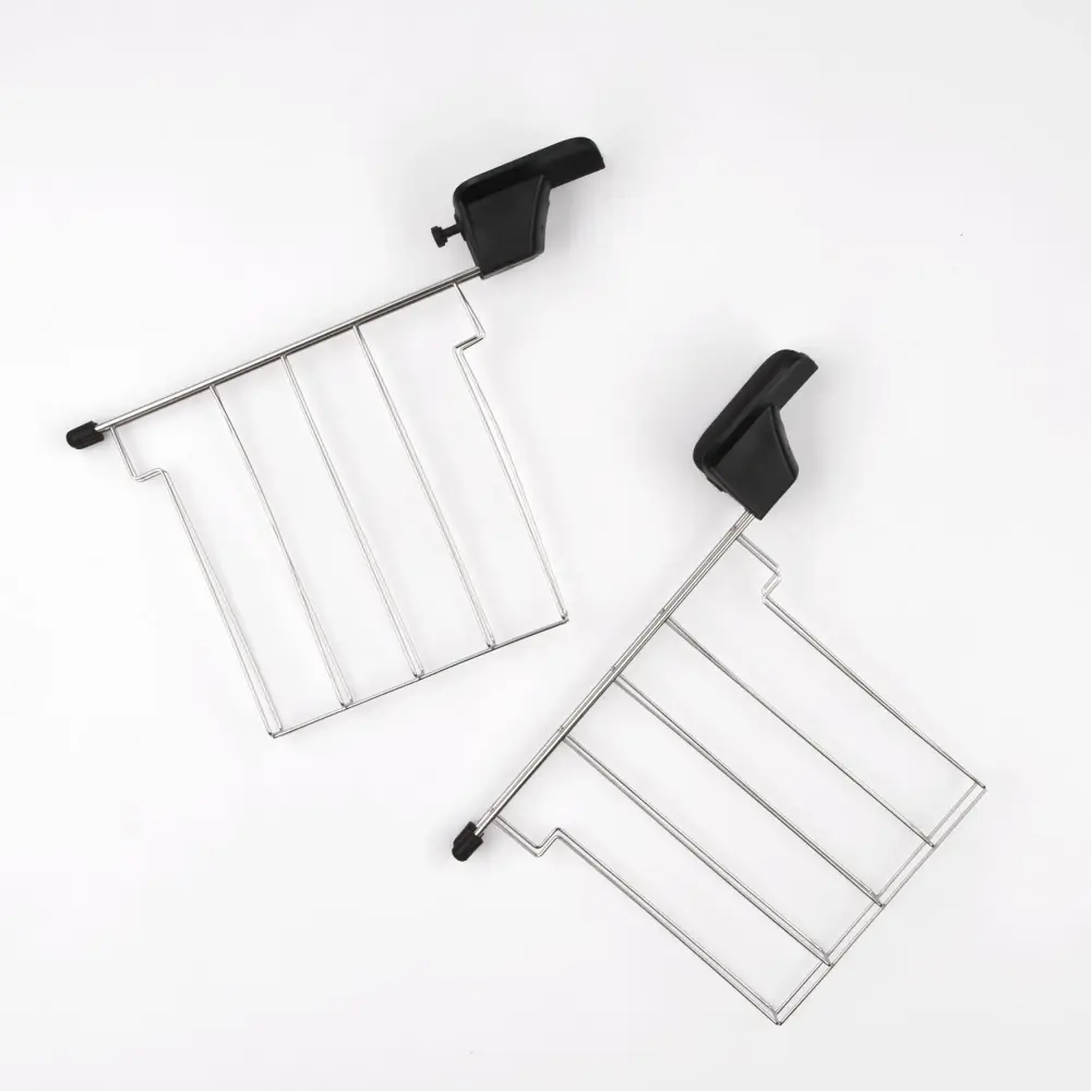 Two angled silver toaster warming racks with black handles on a white background, for the G3 Ferrari Artista Toaster with