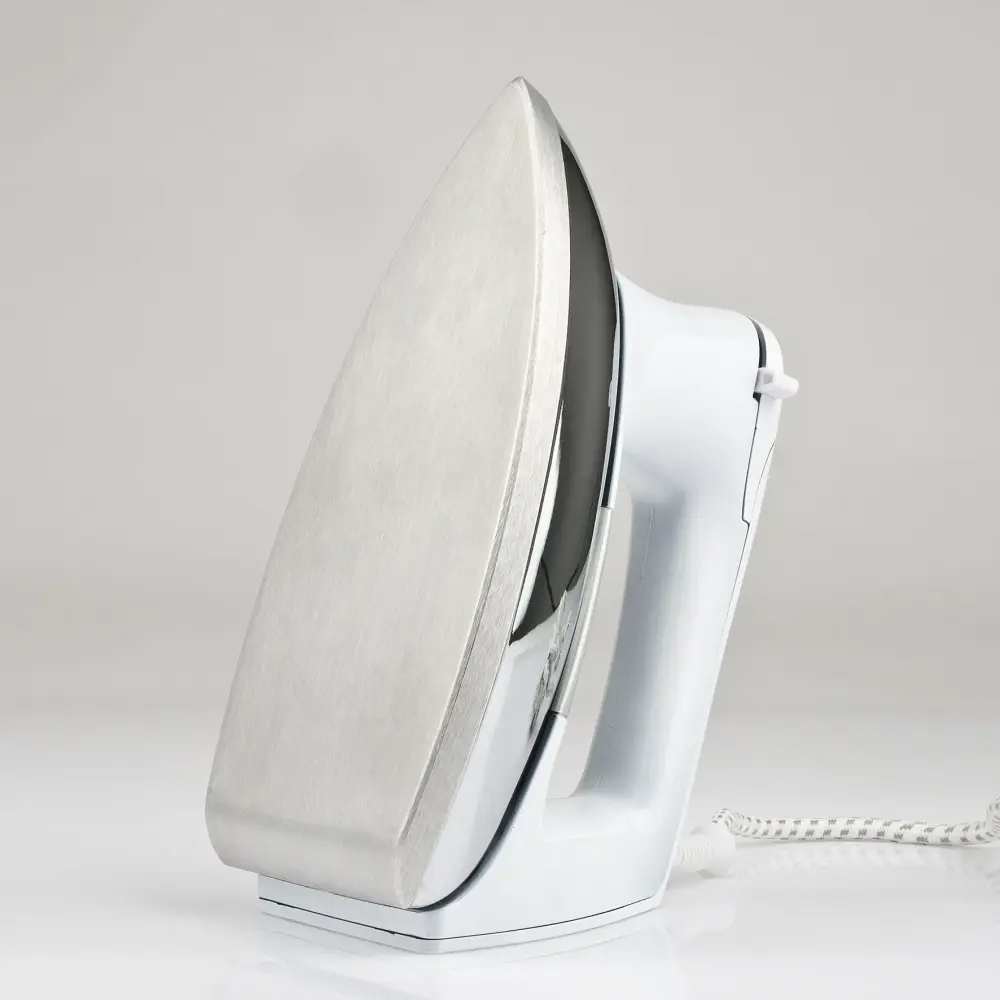 G3 Ferrari 900W Seicento G40013 dry iron shown upright from the side, with aluminium soleplate and white body on a light