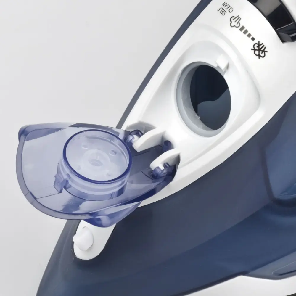 Close-up angled view of the G3 Ferrari Opera G40014 steam iron, showing its blue water tank and white controls on a plain