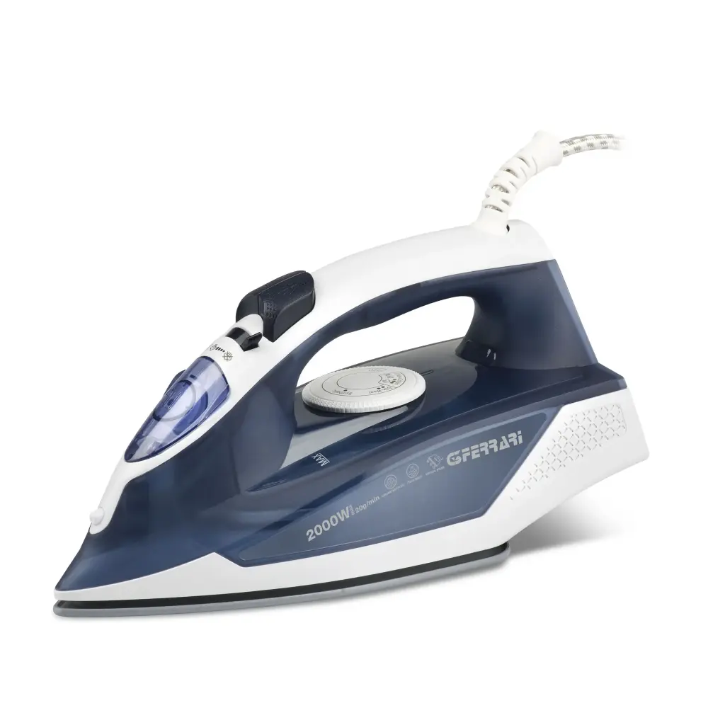 G3 Ferrari 2000W Steam Iron with Ceramic Soleplate, navy blue and white, shown from the side on a white background
