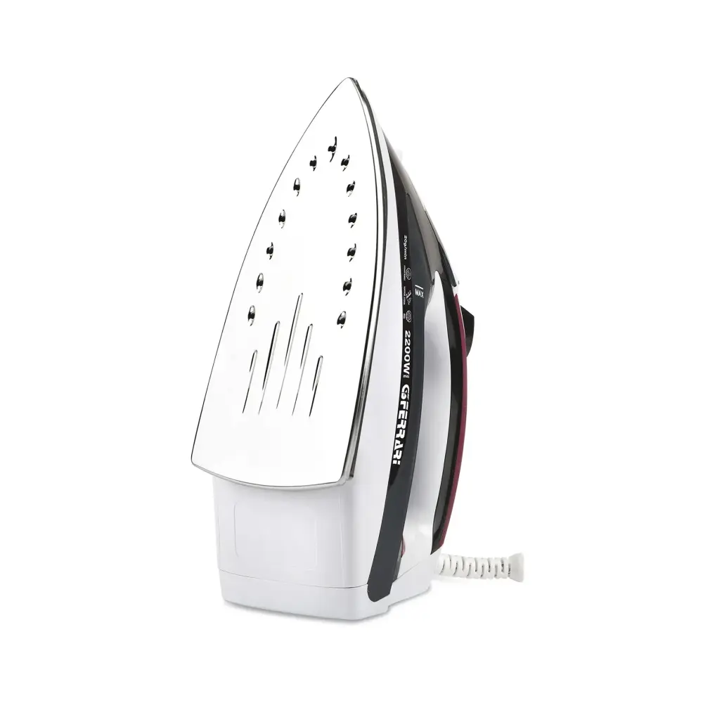 G3 Ferrari Califfo G40017 steam iron shown upright at an angle, with a silver soleplate, black and white body, and white cord