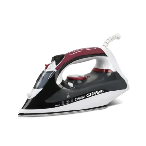 G3 Ferrari 2200W Steam Iron with Stainless Steel Soleplate, shown side-on in black, white and burgundy on a white background.