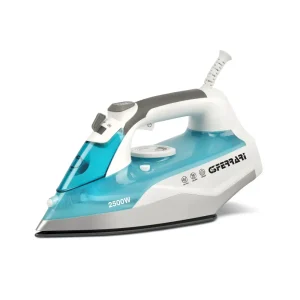G3 Ferrari 2500W Steam Iron with Ceramic Soleplate, turquoise and white, shown at an angled side view on a white background.