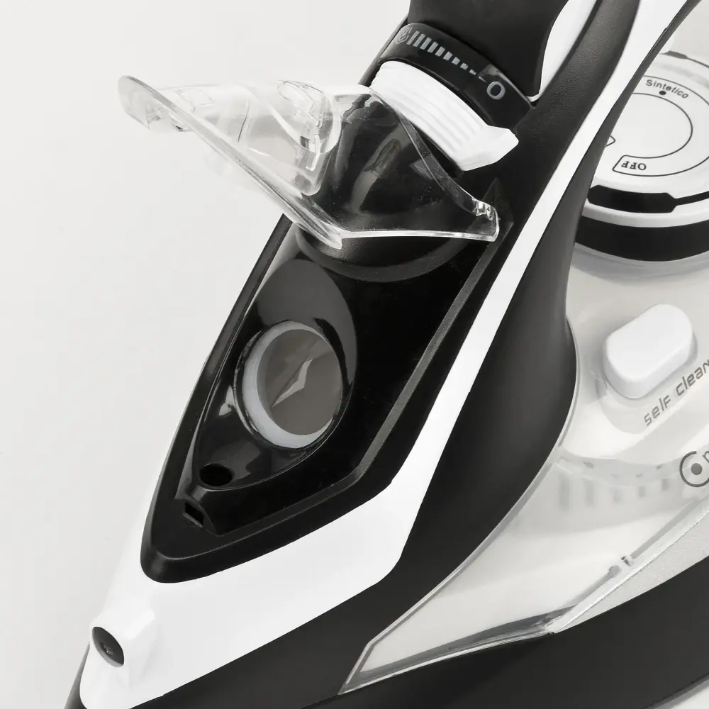 Close-up of the black-and-white G3 Ferrari 3000W Steam Iron G40024 Eliseo 3000, showing its clear water tank and controls.