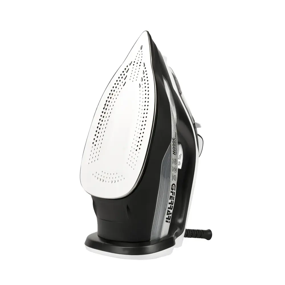 G3 Ferrari 3000W Steam Iron shown upright at an angle, with a white perforated soleplate, black body and cord on a white