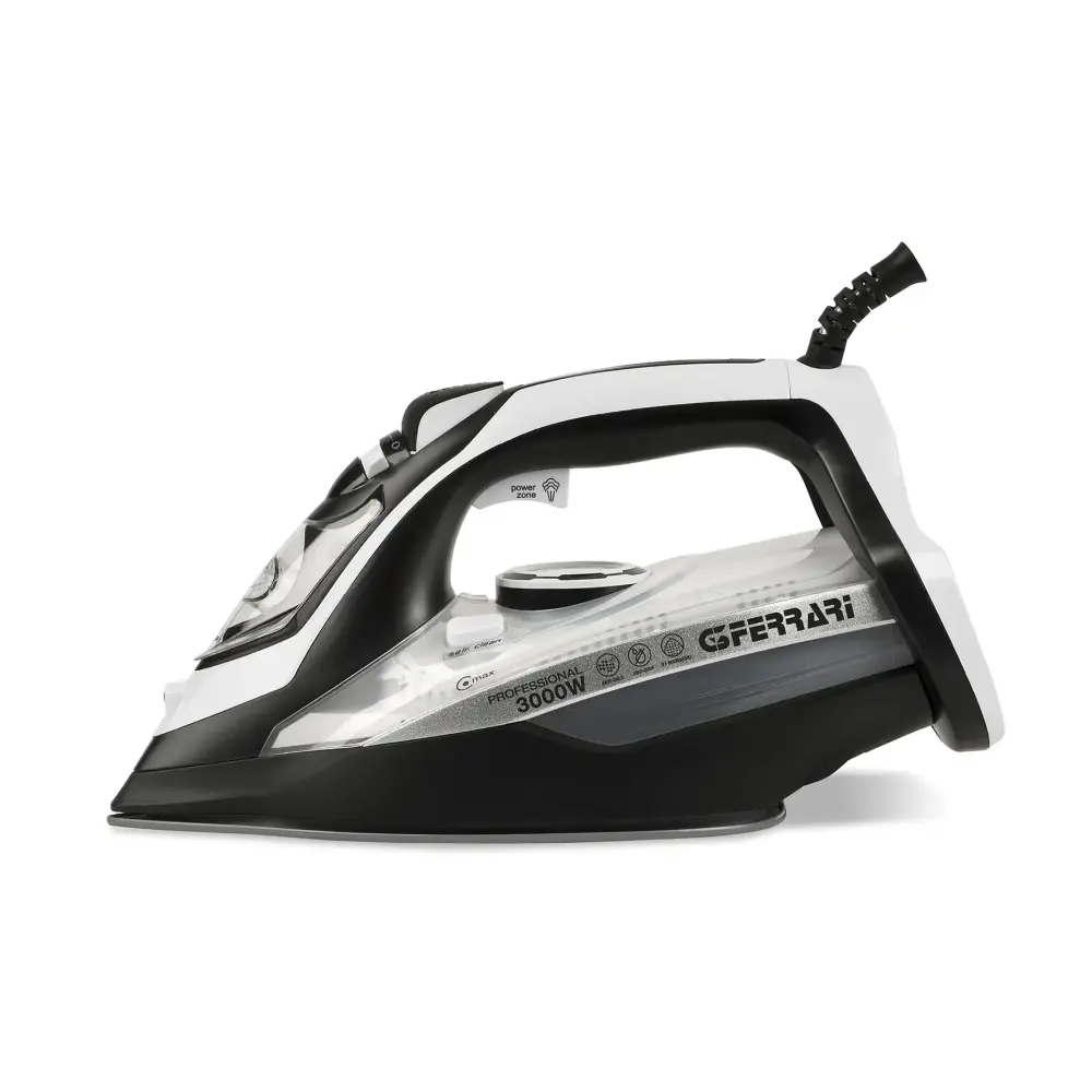 G3 Ferrari 3000W Steam Iron G40024 Eliseo in side view, showing its black and silver body against a white background.