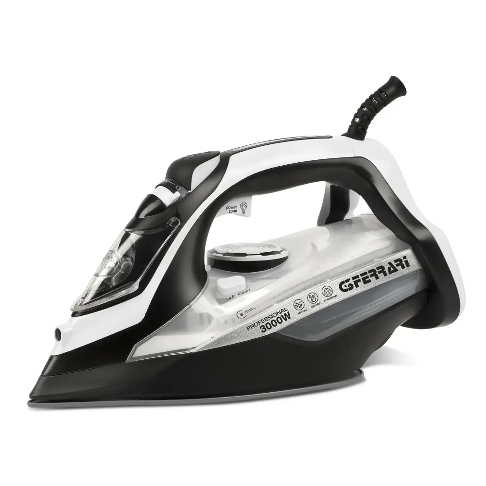 G3 Ferrari 3000W Steam Iron with stainless steel soleplate, shown from the side in black and silver on a white background.
